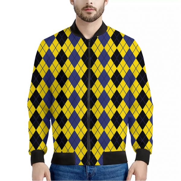 Black Blue And Yellow Argyle Print Bomber Jacket