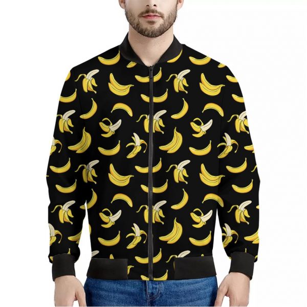 Black Cartoon Banana Pattern Print Bomber Jacket