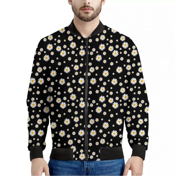 Black Daisy Floral Pattern Print Bomber Jacket