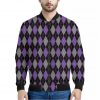 Black Grey And Purple Argyle Print Bomber Jacket