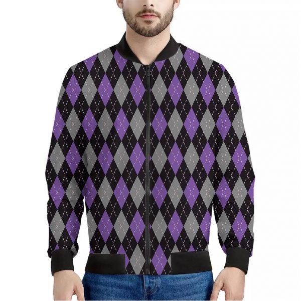 Black Grey And Purple Argyle Print Bomber Jacket