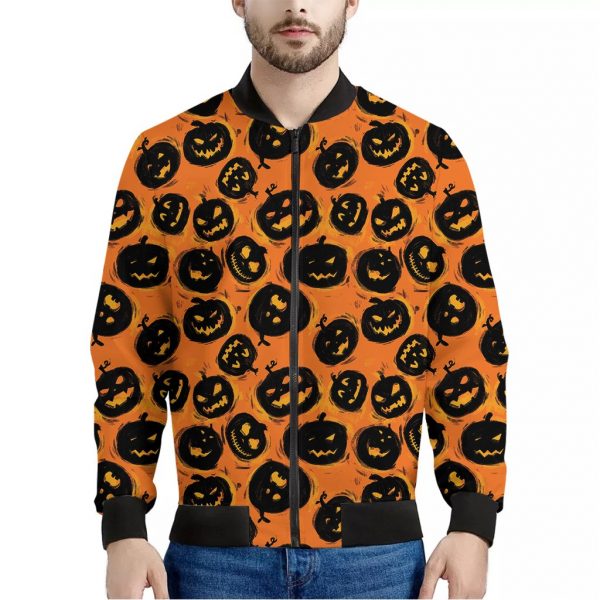 Black Halloween Pumpkin Pattern Print Bomber Jacket