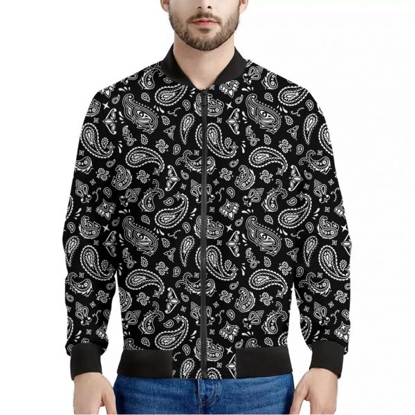 Black Paisley Bandana Pattern Print Bomber Jacket