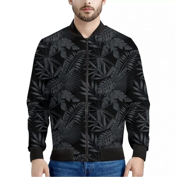 Black Palm Leaf Aloha Pattern Print Bomber Jacket
