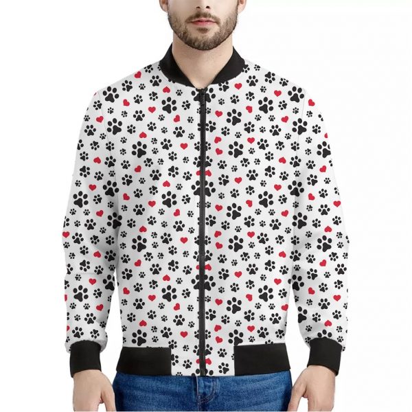 Black Paw And Heart Pattern Print Bomber Jacket
