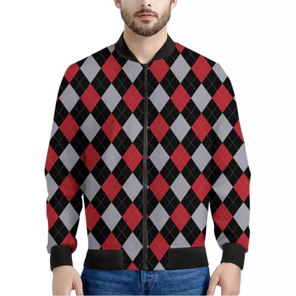 Black Red And Grey Argyle Pattern Print Bomber Jacket