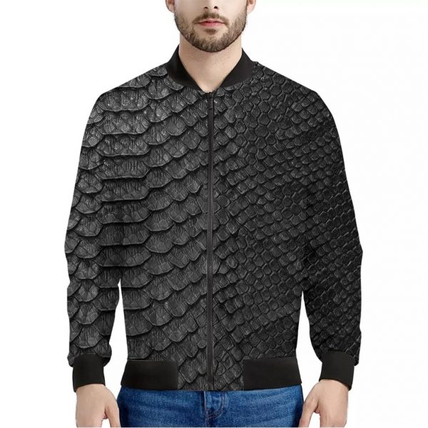 Black Snakeskin Print Bomber Jacket