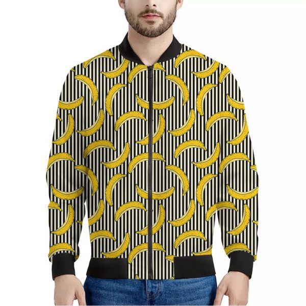 Black Striped Banana Pattern Print Bomber Jacket