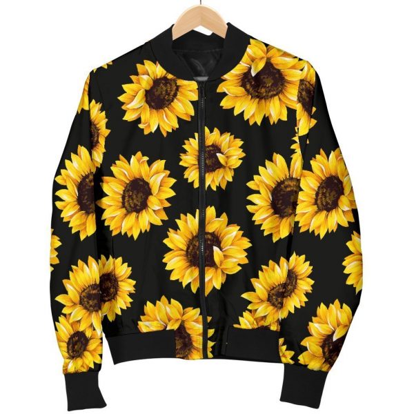 Black Sunflower Pattern Print Bomber Jacket
