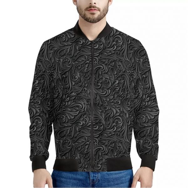 Black Western Damask Floral Print Bomber Jacket