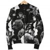 Black White Rose Floral Pattern Print Bomber Jacket