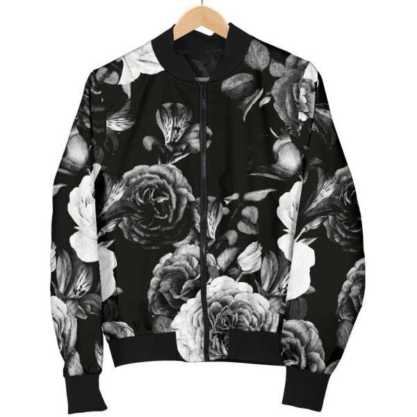 Black White Rose Floral Pattern Print Bomber Jacket