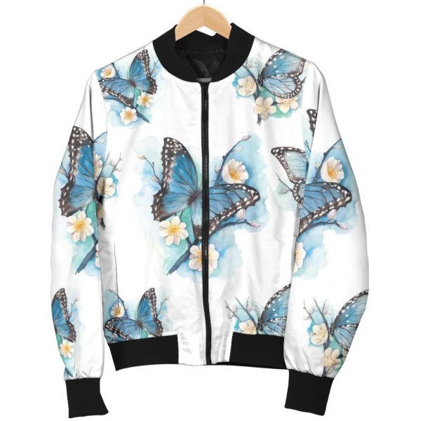 Blossom Blue Butterfly Pattern Print Bomber Jacket