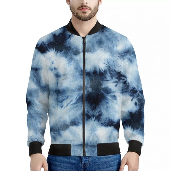 Blue And Black Acid Wash Tie Dye Print Bomber Jacket