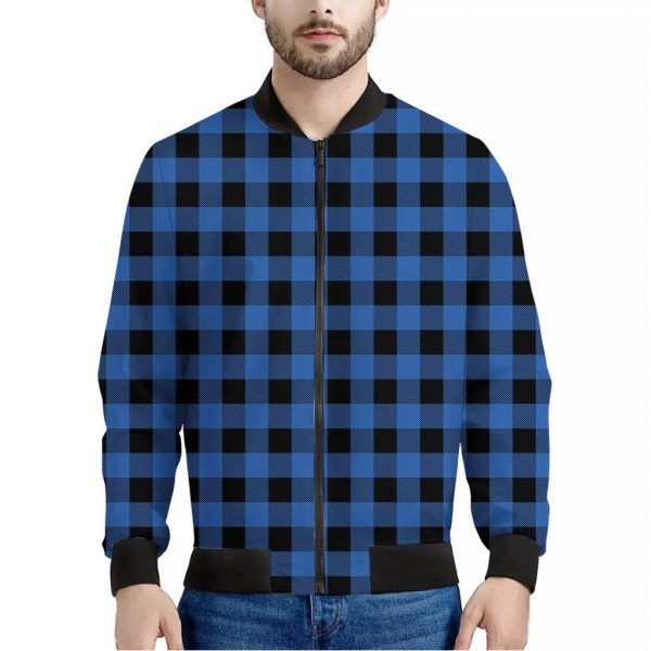 Blue And Black Buffalo Plaid Print Bomber Jacket