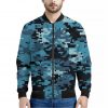 Blue And Black Digital Camo Print Bomber Jacket