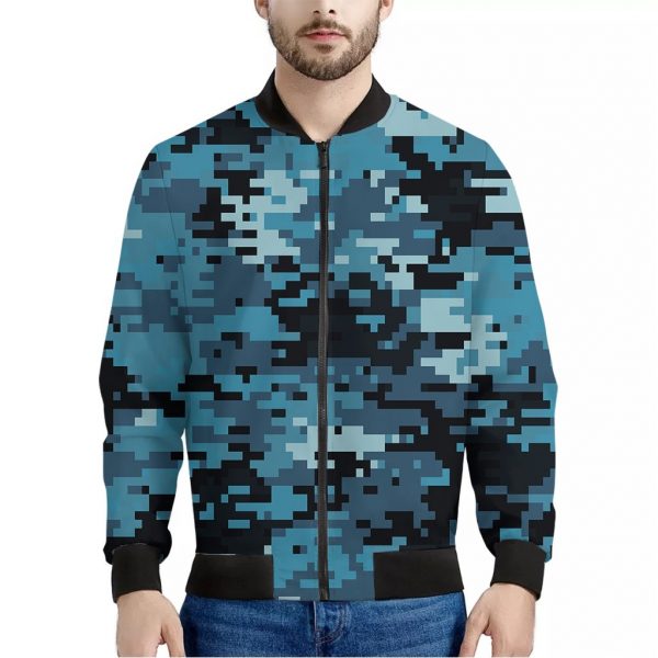 Blue And Black Digital Camo Print Bomber Jacket