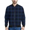 Blue And Black Tartan Pattern Print Bomber Jacket