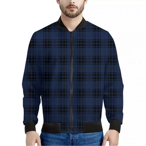 Blue And Black Tartan Pattern Print Bomber Jacket