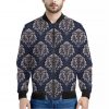 Blue And Brown Damask Pattern Print Bomber Jacket
