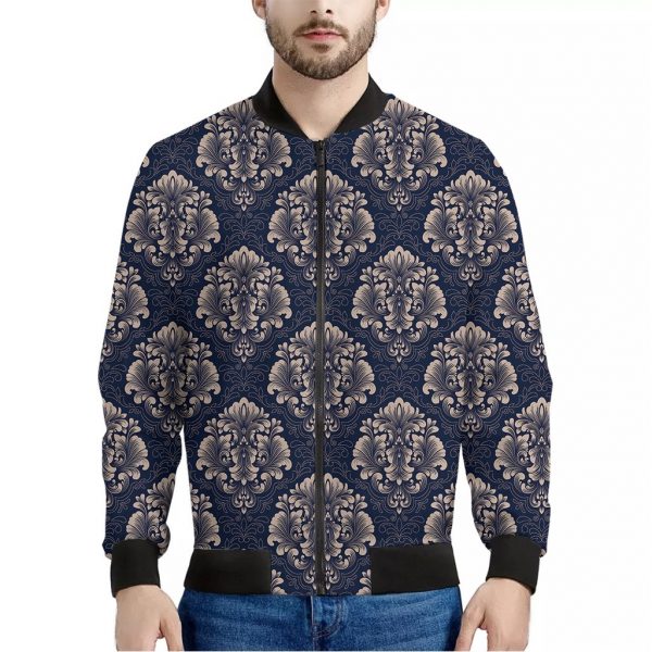 Blue And Brown Damask Pattern Print Bomber Jacket