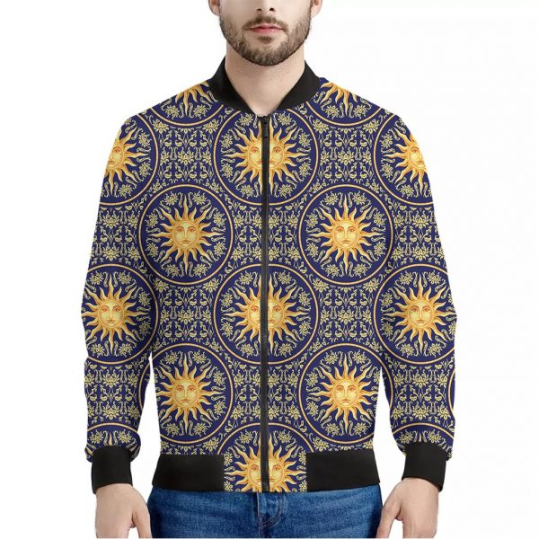 Blue And Gold Celestial Pattern Print Bomber Jacket