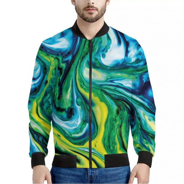 Blue And Green Acid Melt Print Bomber Jacket