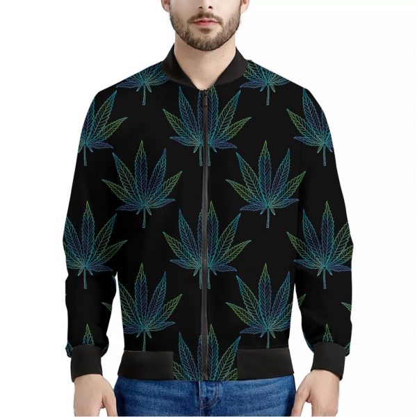 Blue And Green Weed Leaf Pattern Print Bomber Jacket