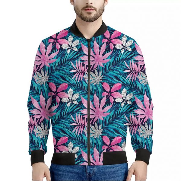 Blue And Pink Watercolor Hawaiian Print Bomber Jacket