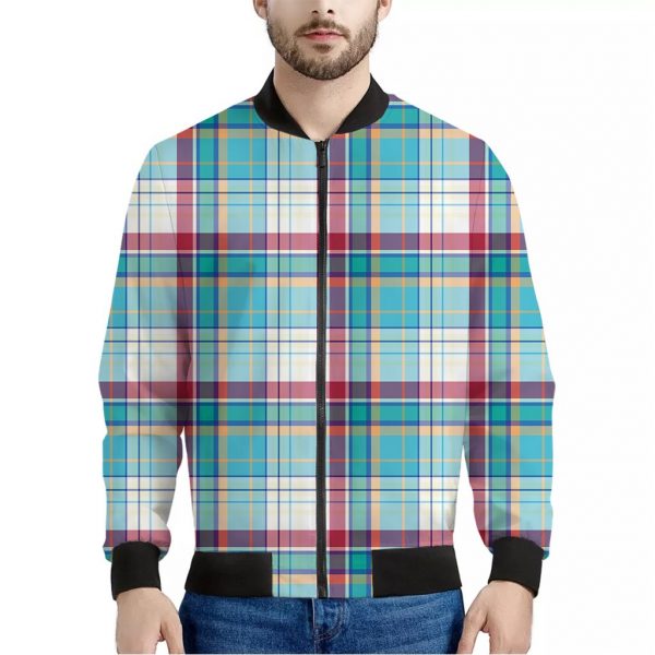 Blue And Red Madras Pattern Print Bomber Jacket