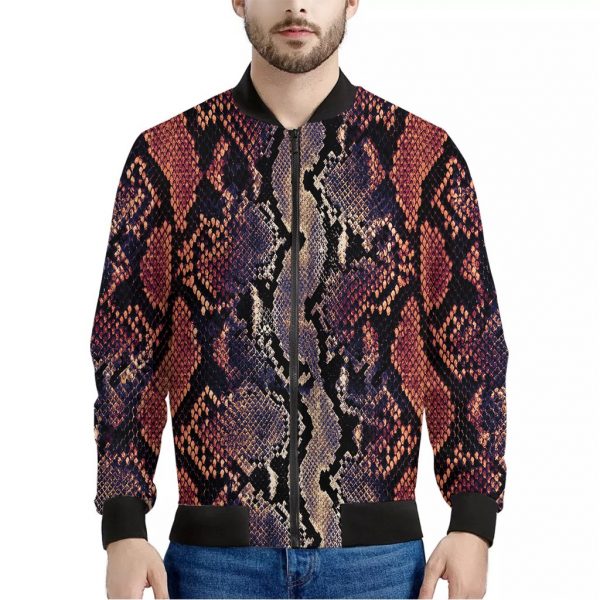 Blue And Red Snakeskin Print Bomber Jacket