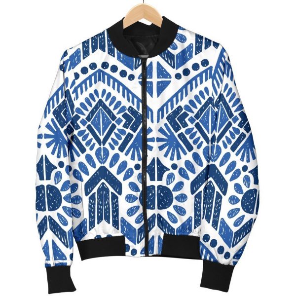 Blue And White Aztec Pattern Print Bomber Jacket