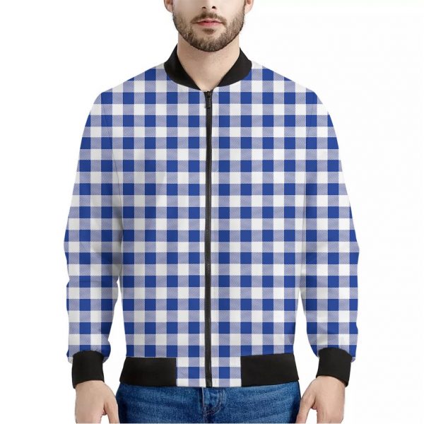 Blue And White Buffalo Check Print Bomber Jacket