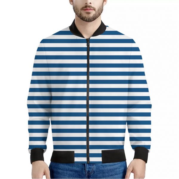 Blue And White Striped Pattern Print Bomber Jacket