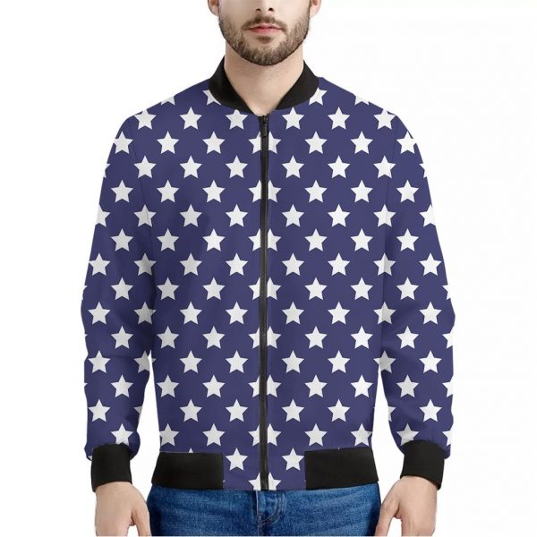 Blue And White USA Star Pattern Print Bomber Jacket