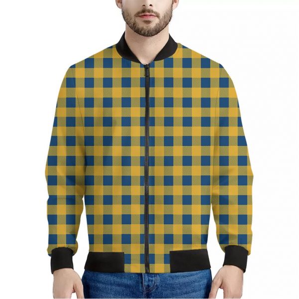 Blue And Yellow Buffalo Check Print Bomber Jacket
