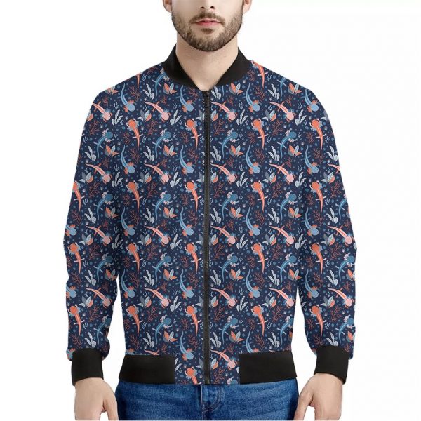 Blue Axolotl Pattern Print Bomber Jacket