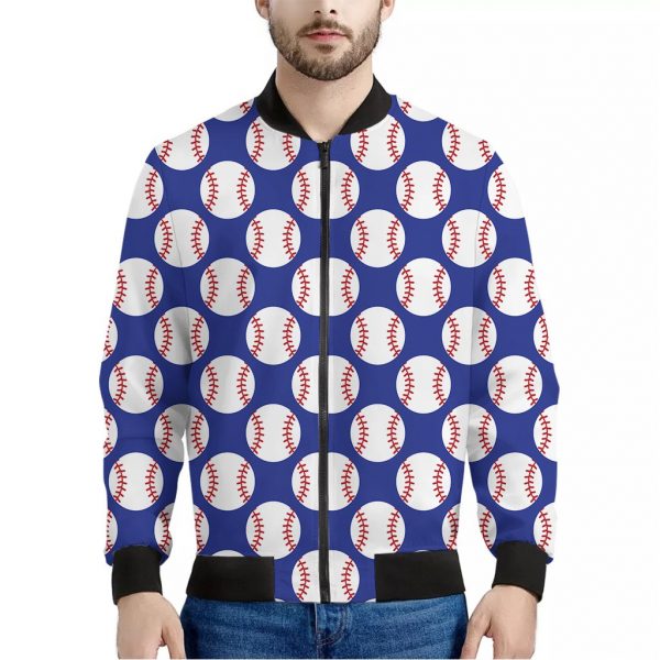 Blue Baseball Pattern Print Bomber Jacket