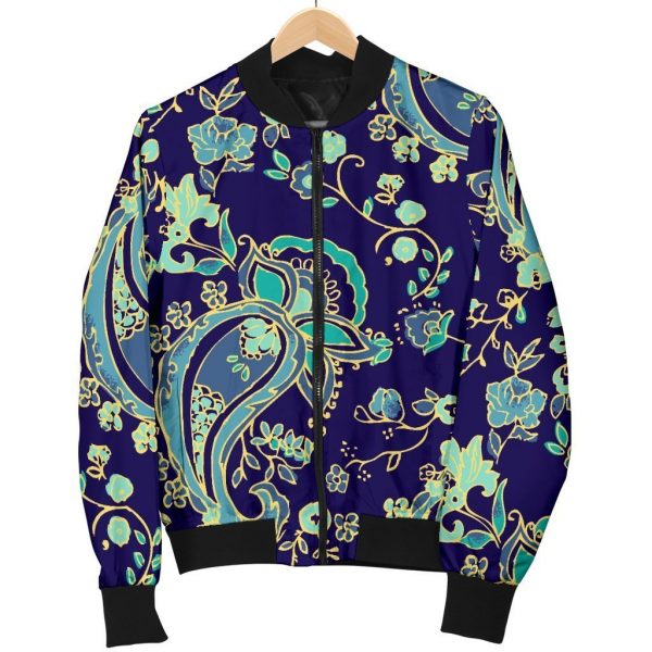 Blue Bohemian Paisley Pattern Print Bomber Jacket