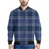 Blue Border Tartan Pattern Print Bomber Jacket