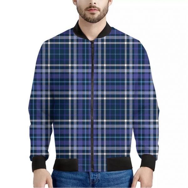 Blue Border Tartan Pattern Print Bomber Jacket