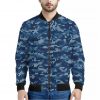 Blue Camouflage Knitted Pattern Print Bomber Jacket