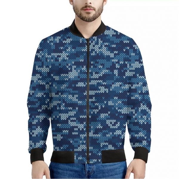 Blue Camouflage Knitted Pattern Print Bomber Jacket