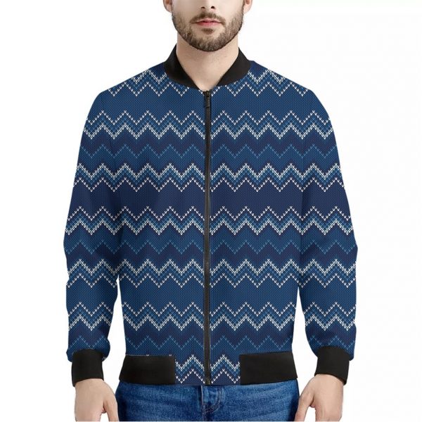 Blue Chevron Knitted Pattern Print Bomber Jacket