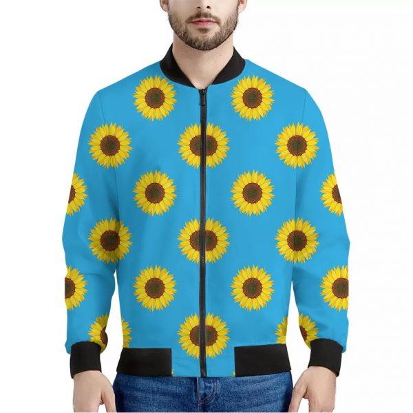 Blue Cute Sunflower Pattern Print Bomber Jacket