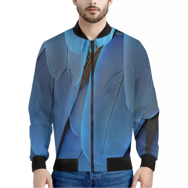 Blue Feather Print Bomber Jacket