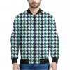 Blue Green And White Houndstooth Print Bomber Jacket