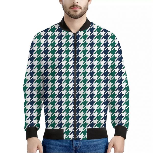 Blue Green And White Houndstooth Print Bomber Jacket