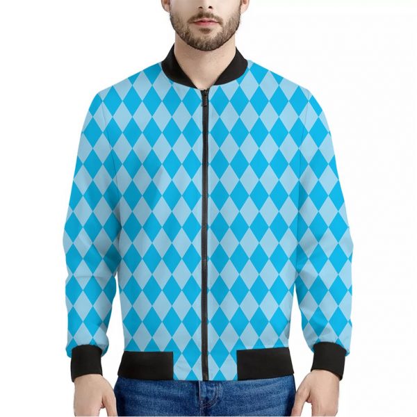 Blue Harlequin Pattern Print Bomber Jacket
