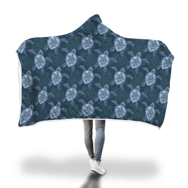 Blue Hawaiian Sea Turtle Pattern Print Hooded Blanket Cloak Blanket